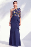 Grey Purple Ruched Mermaid Floral Long Mother of the Bride Dress with Ruffles