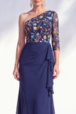 Grey Purple Ruched Mermaid Floral Long Mother of the Bride Dress with Ruffles