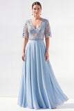 V-Neck Green Beaded Long Mother of the Bride Dress with Sleeves