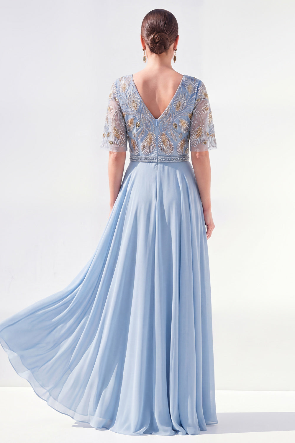 V-Neck Green Beaded Long Mother of the Bride Dress with Sleeves