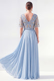 V-Neck Green Beaded Long Mother of the Bride Dress with Sleeves