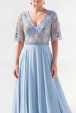 V-Neck Green Beaded Long Mother of the Bride Dress with Sleeves