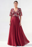 V-Neck Green Beaded Long Mother of the Bride Dress with Sleeves