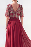 V-Neck Green Beaded Long Mother of the Bride Dress with Sleeves
