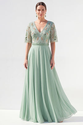 V-Neck Green Beaded Long Mother of the Bride Dress with Sleeves