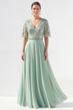 V-Neck Green Beaded Long Mother of the Bride Dress with Sleeves