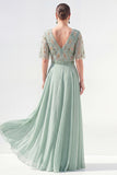 V-Neck Green Beaded Long Mother of the Bride Dress with Sleeves