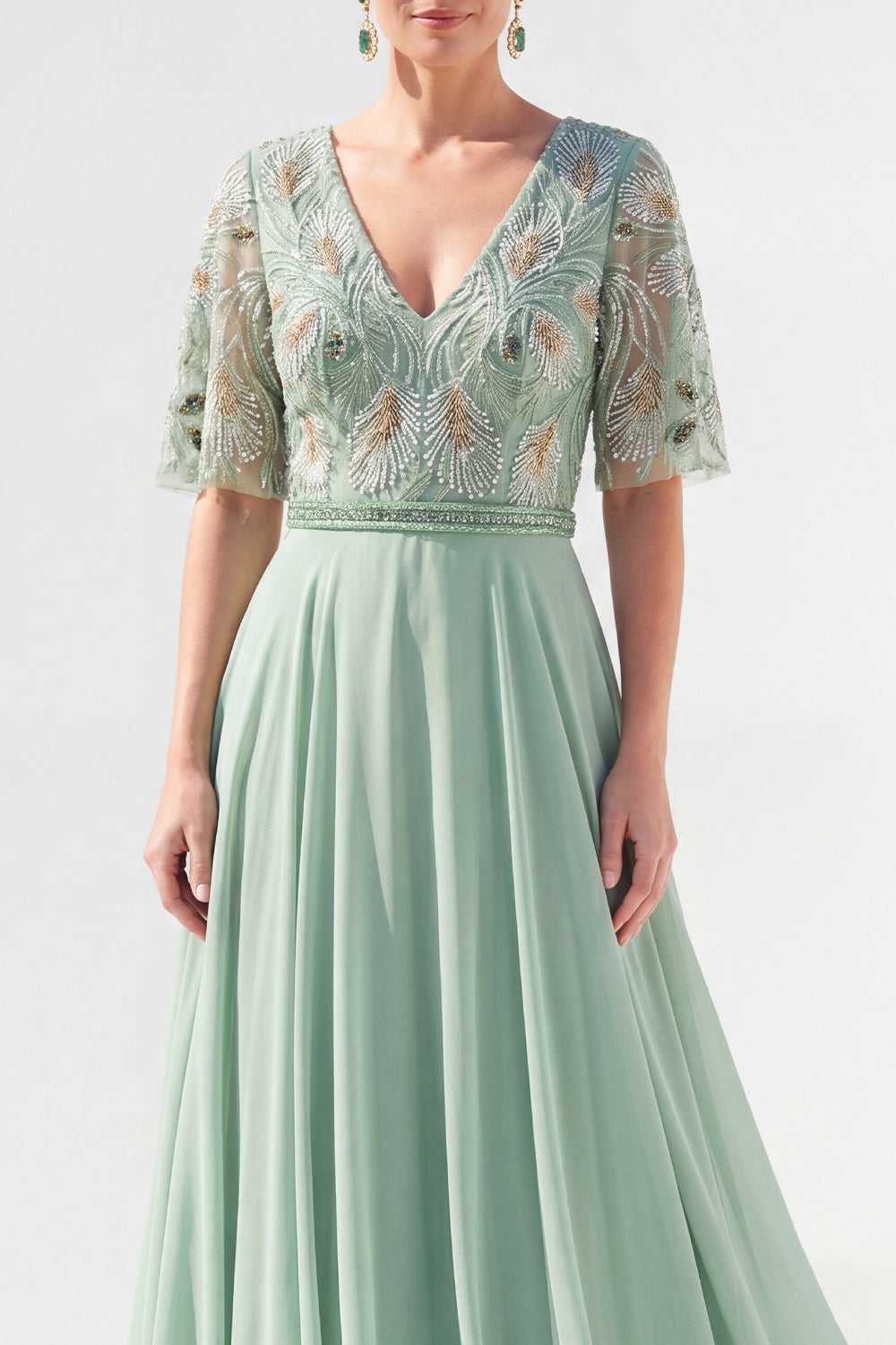 V-Neck Green Beaded Long Mother of the Bride Dress with Sleeves