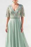 V-Neck Green Beaded Long Mother of the Bride Dress with Sleeves
