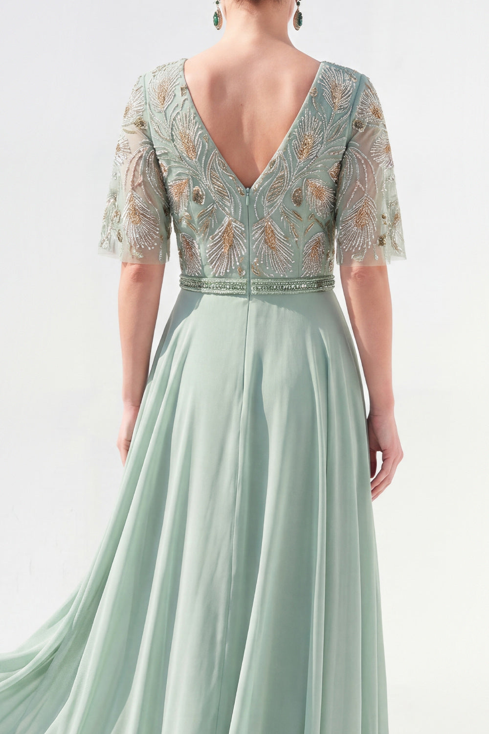 Zapakasa Women Green Long Beaded Mother of the Bride Dress V-Neck Half