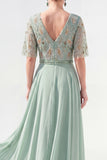 V-Neck Green Beaded Long Mother of the Bride Dress with Sleeves