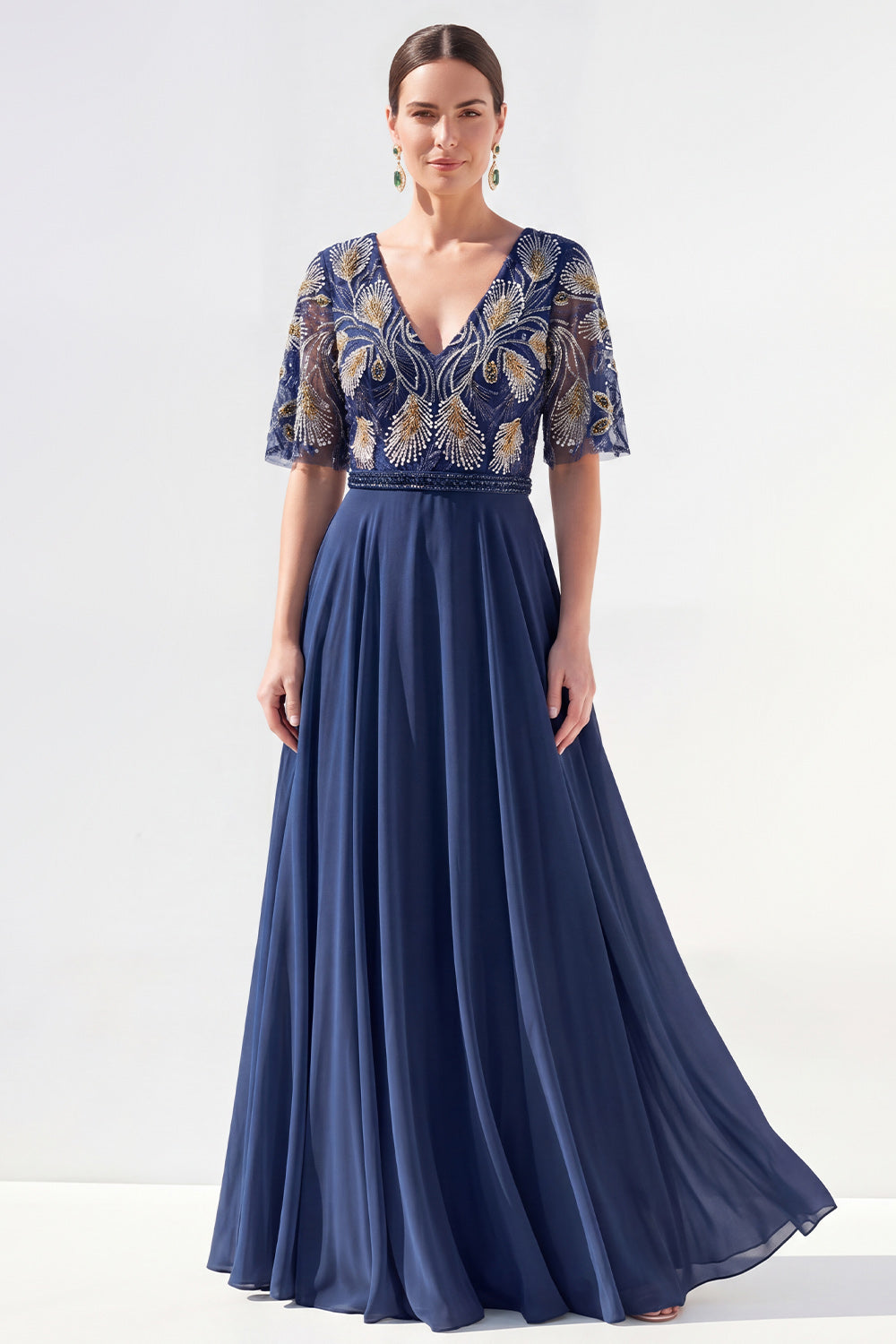 V-Neck Green Beaded Long Mother of the Bride Dress with Sleeves
