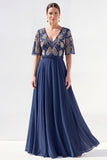 V-Neck Green Beaded Long Mother of the Bride Dress with Sleeves