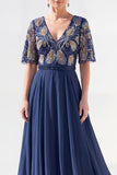 V-Neck Green Beaded Long Mother of the Bride Dress with Sleeves