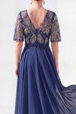 V-Neck Green Beaded Long Mother of the Bride Dress with Sleeves