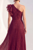 Navy A Line Ruffled Glitter Long Mother of the Bride Dress with Pleats