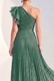 Navy A Line Ruffled Glitter Long Mother of the Bride Dress with Pleats