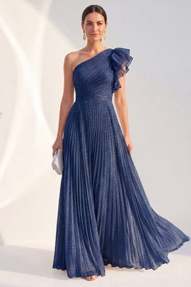 Navy A Line Ruffled Glitter Long Mother of the Bride Dress with Pleats