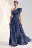 Navy A Line Ruffled Glitter Long Mother of the Bride Dress with Pleats