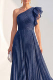 Navy A Line Ruffled Glitter Long Mother of the Bride Dress with Pleats