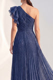 Navy A Line Ruffled Glitter Long Mother of the Bride Dress with Pleats