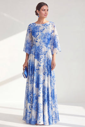 Blue Floral Long Chiffon Mother of the Bride Dress Boat Neck 3/4 Sleeves A Line Beach Wedding Guest Dress