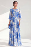 Red Boat Neck Floral Long A Line Mother of the Bride Dress