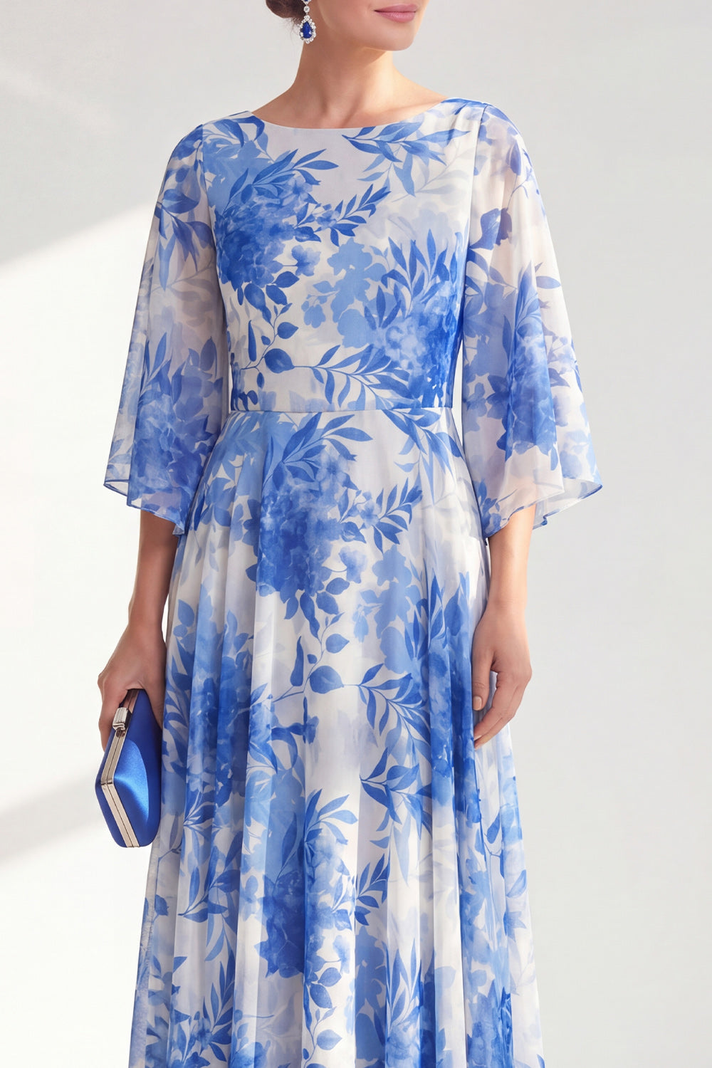 Red Boat Neck Floral Long A Line Mother of the Bride Dress
