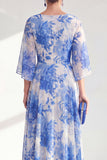 Red Boat Neck Floral Long A Line Mother of the Bride Dress