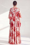 Red Boat Neck Floral Long A Line Mother of the Bride Dress