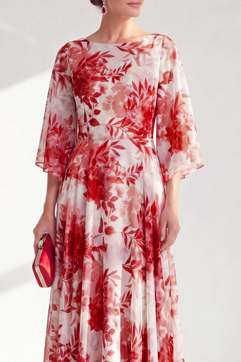 Red Boat Neck Floral Long A Line Mother of the Bride Dress