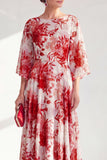 Red Boat Neck Floral Long A Line Mother of the Bride Dress
