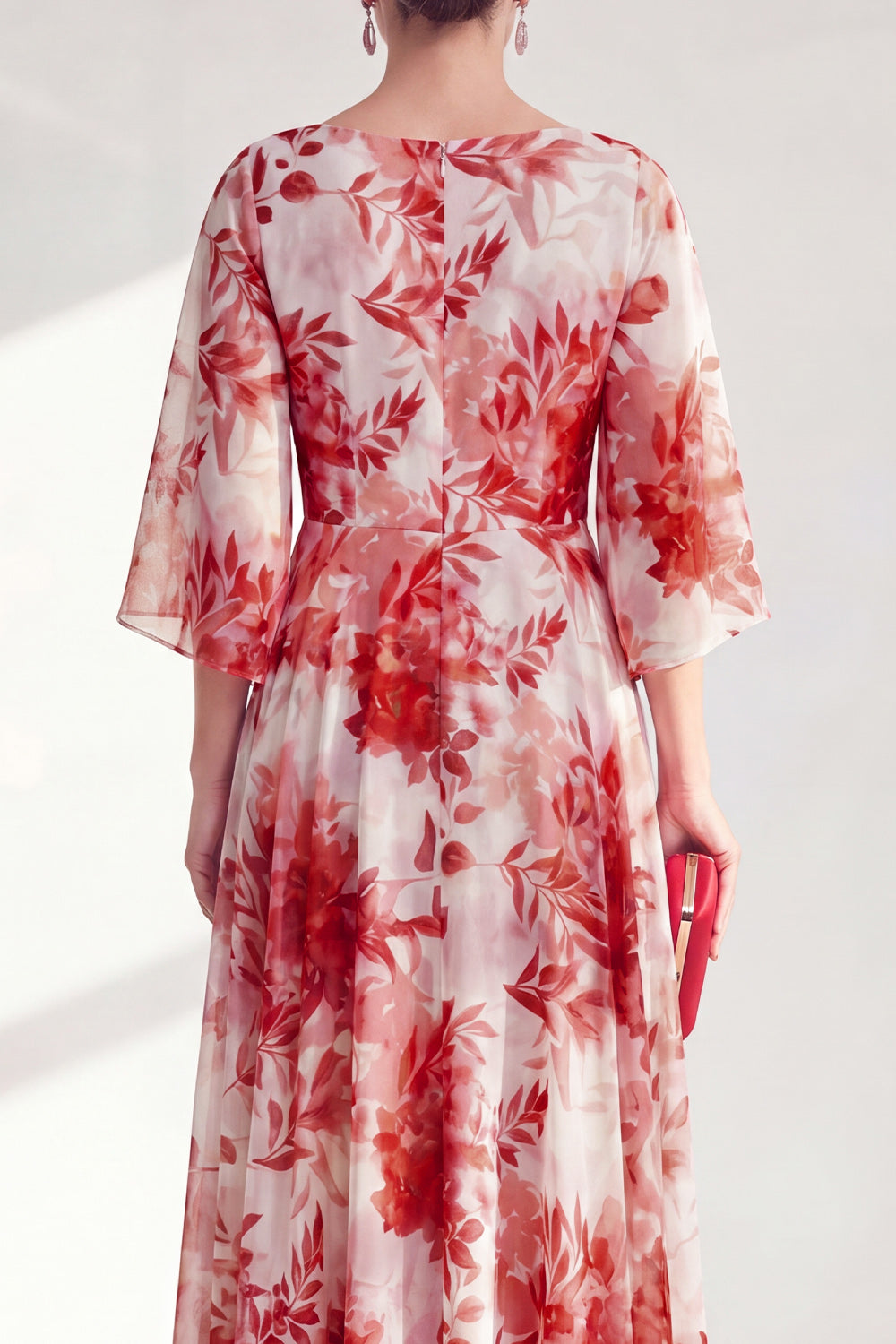 Red Boat Neck Floral Long A Line Mother of the Bride Dress