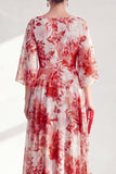 Red Boat Neck Floral Long A Line Mother of the Bride Dress