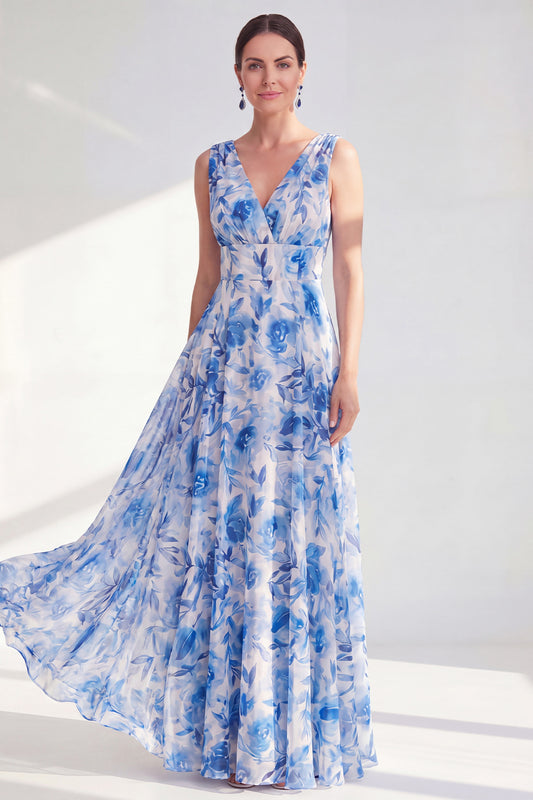 A Line Blue V-Neck Ruched Floral Long Chiffon Mother of the Bride Dress
