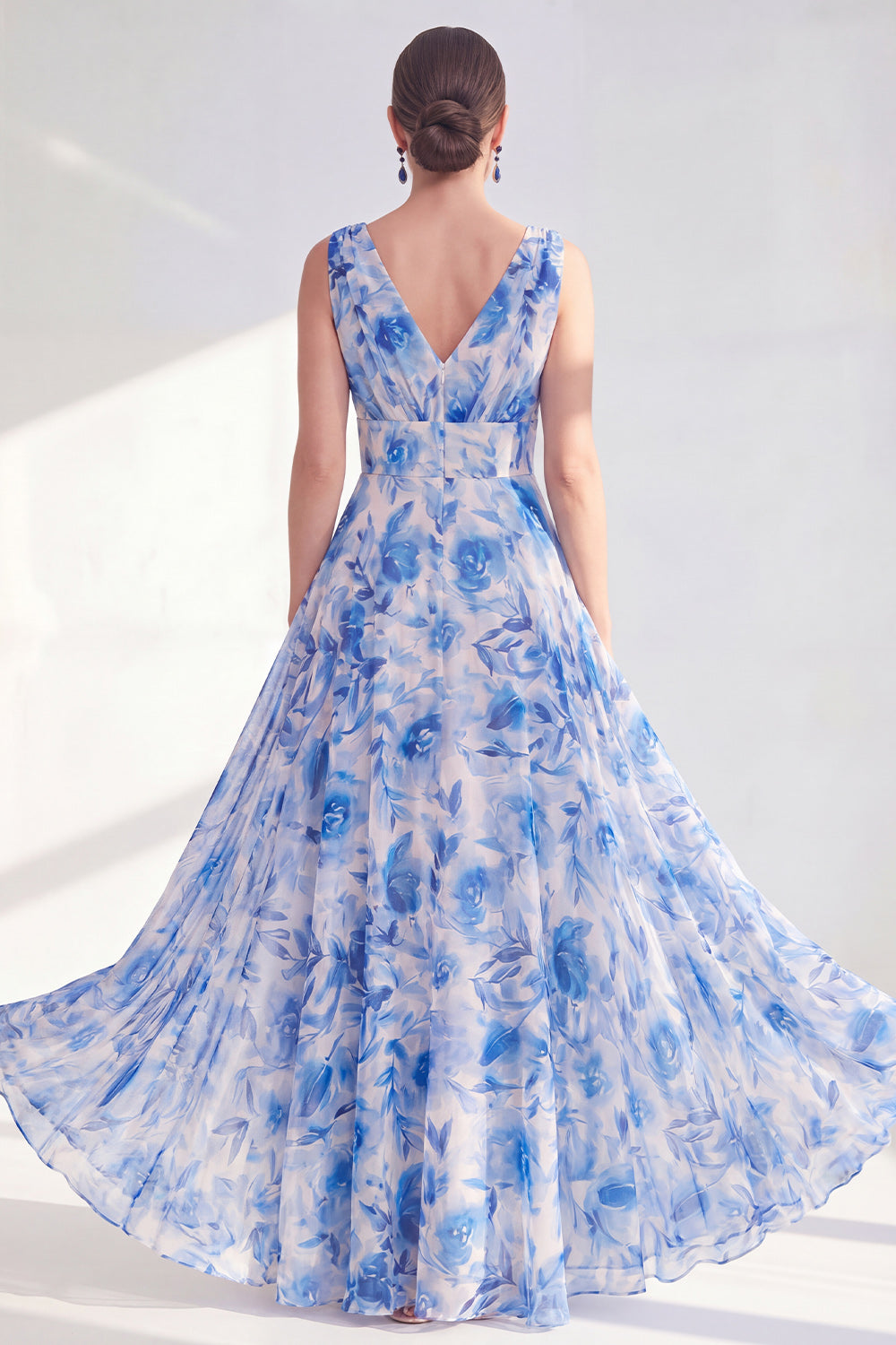 A Line Blue V-Neck Ruched Floral Long Chiffon Mother of the Bride Dress