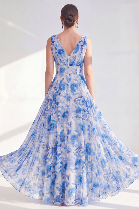 A Line Blue V-Neck Ruched Floral Long Chiffon Mother of the Bride Dress