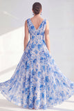 A Line Blue V-Neck Ruched Floral Long Chiffon Mother of the Bride Dress