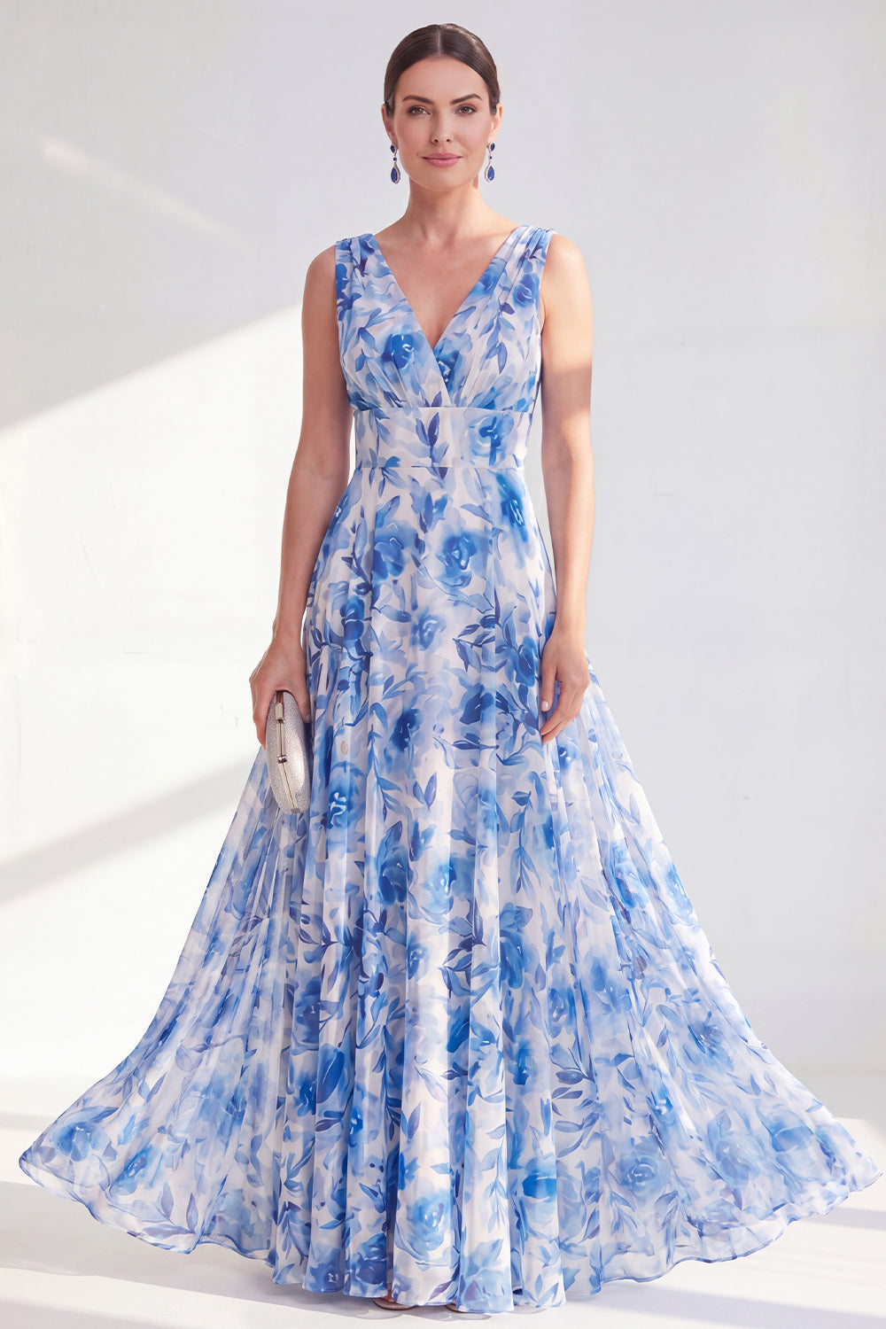 A Line Blue V-Neck Ruched Floral Long Chiffon Mother of the Bride Dress