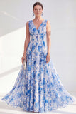 A Line Blue V-Neck Ruched Floral Long Chiffon Mother of the Bride Dress