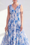 A Line Blue V-Neck Ruched Floral Long Chiffon Mother of the Bride Dress