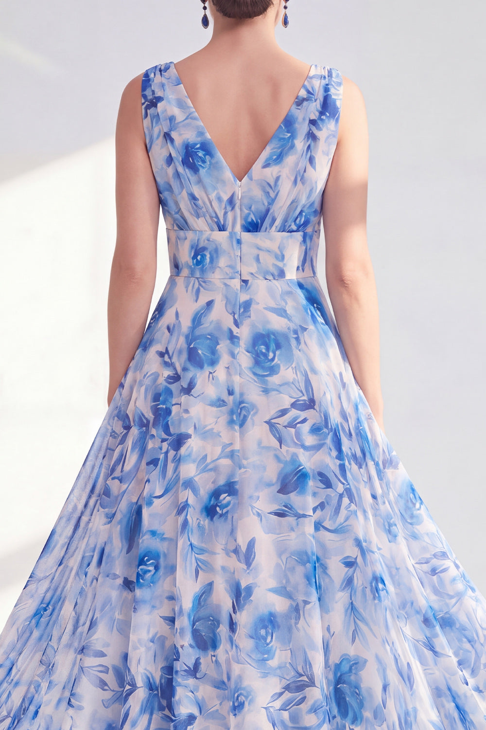 A Line Blue V-Neck Ruched Floral Long Chiffon Mother of the Bride Dress
