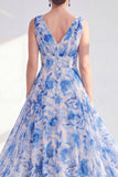 A Line Blue V-Neck Ruched Floral Long Chiffon Mother of the Bride Dress