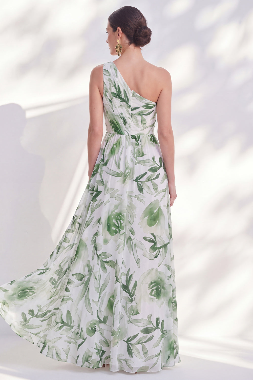 Green A Line Ruched Floral Long Mother of the Bride Dress with Slit