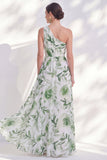 Green A Line Ruched Floral Long Mother of the Bride Dress with Slit