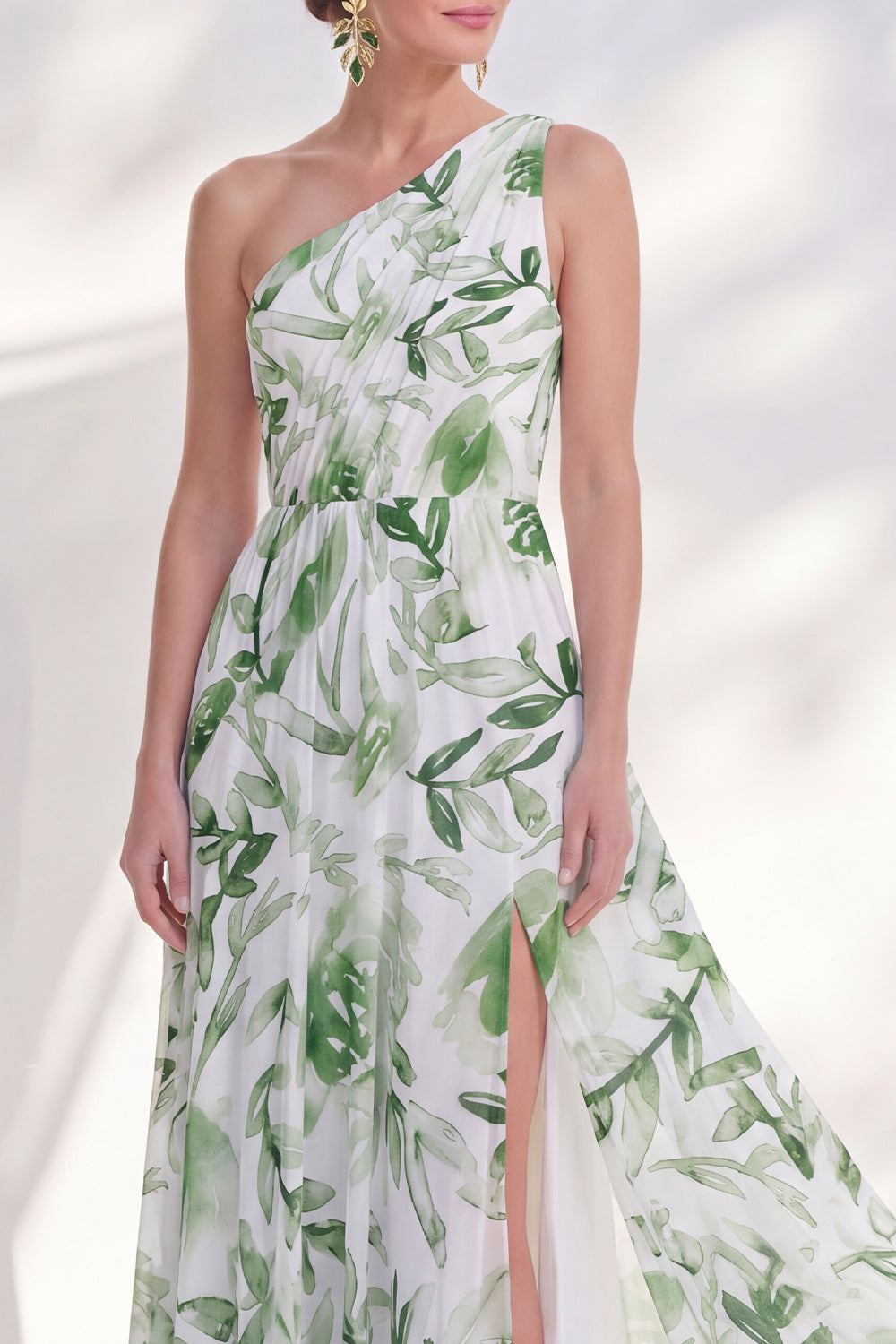 Green A Line Ruched Floral Long Mother of the Bride Dress with Slit