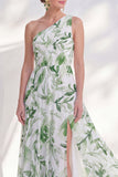Green A Line Ruched Floral Long Mother of the Bride Dress with Slit