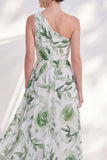 Green A Line Ruched Floral Long Mother of the Bride Dress with Slit
