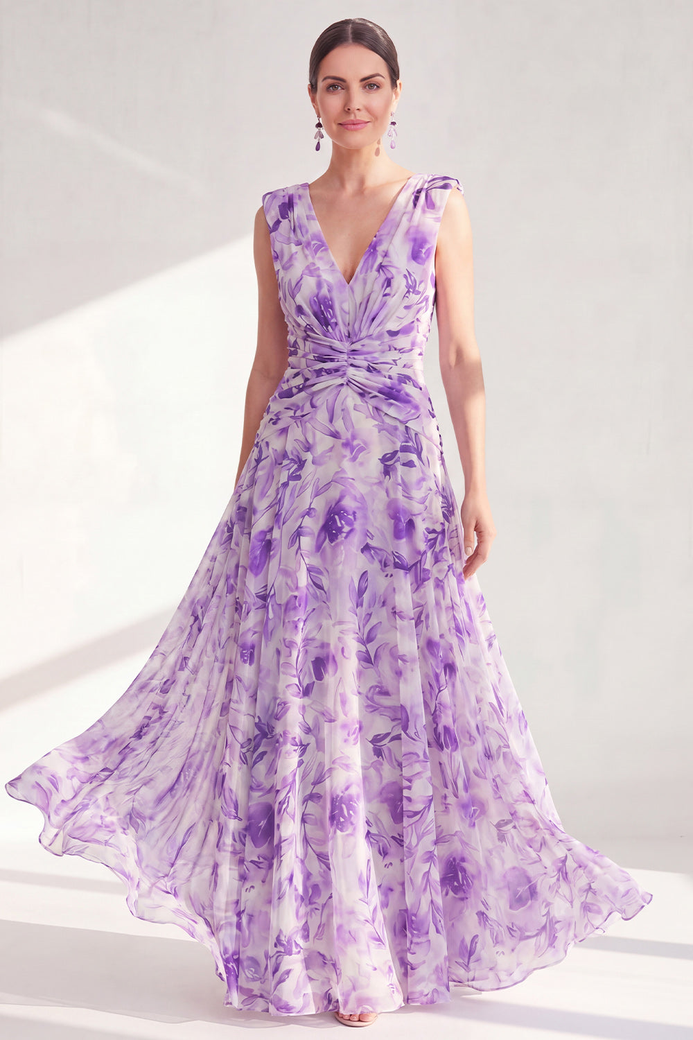 Purple A Line V-Neck Ruched Floral Long Chiffon Mother of the Bride Dress