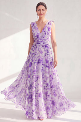 Purple A Line V-Neck Ruched Floral Long Chiffon Mother of the Bride Dress